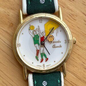 Vintage Xanadu Basketball Watch Gold Tone White leather band